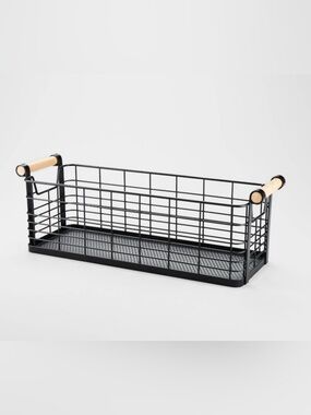 Brightroom™ Medium Rectangular Wire Natural Wood Handles Basket Black
